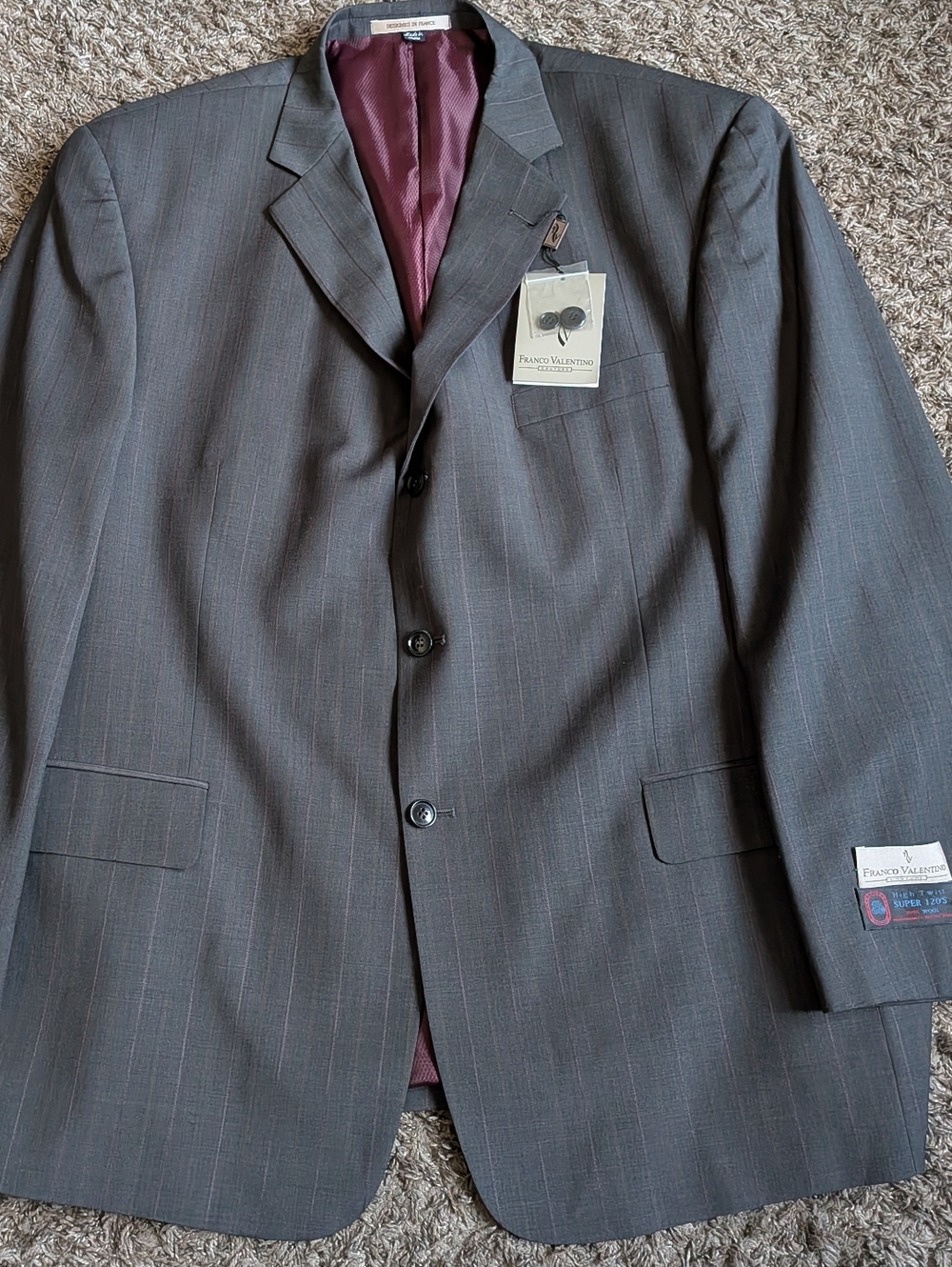 NWT Franco Valentino 100% Wool Charcoal Striped 3-Button Suit Jacket 48R